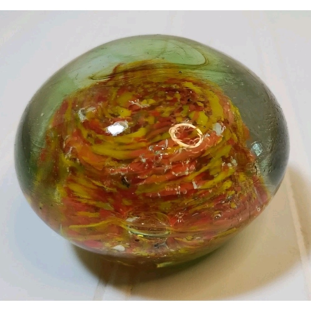 Small Hand-Blown Glass Paperweight With Swirling Red & Yellow Green Design